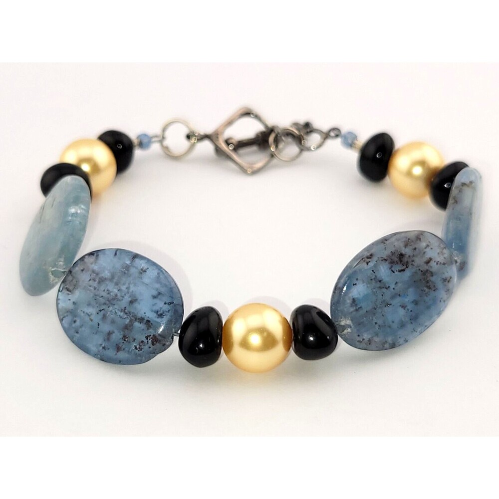 Chunky Labradorite Polished Stone Bead Glass Pearl Sterling Bracelet
